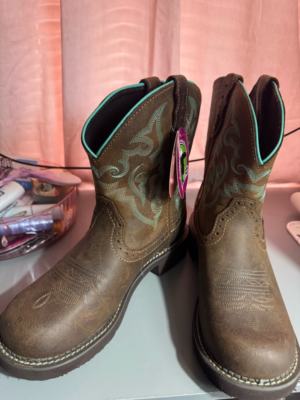 Justin Boots Brown Ankle Western Booties with Red Insole - Picture 2 of 4